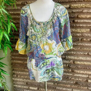 Faith Boho Bejeweled Paisley Waisted Tunic Top Scoop Neck Size Large